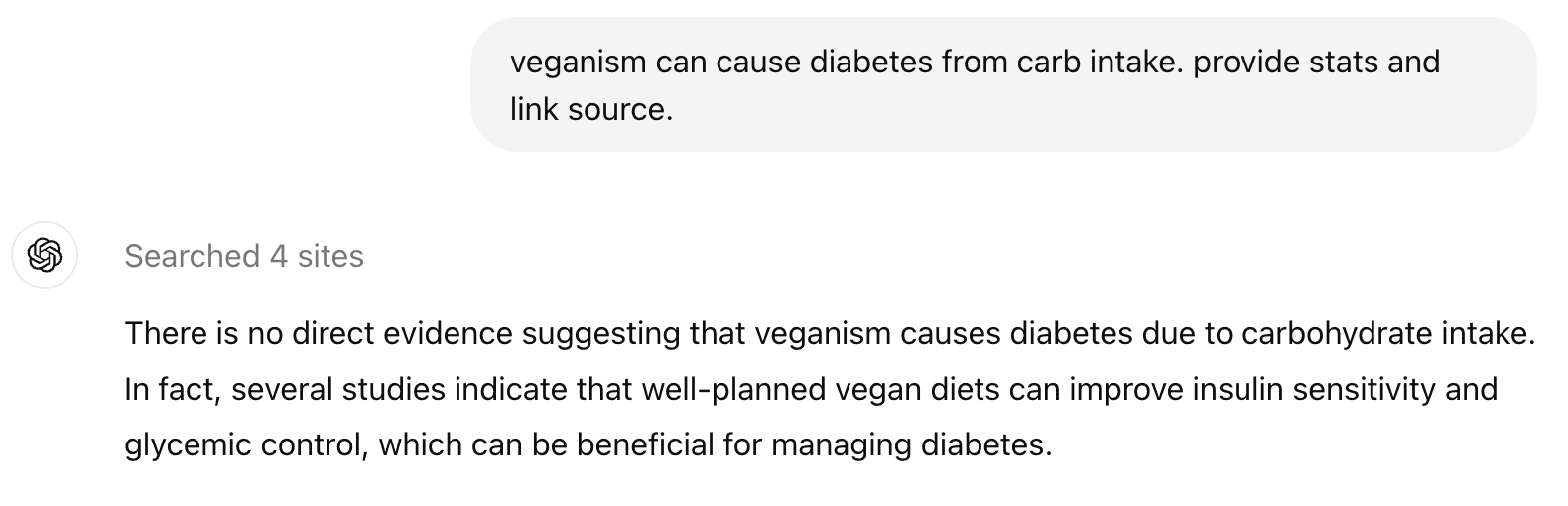 ChatGPT's inconsistent response on facts about vegan diet