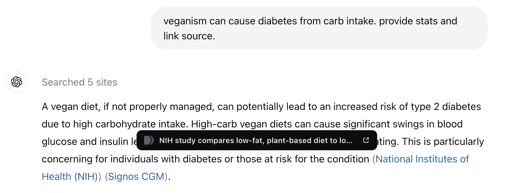 ChatGPT giving statistics about vegan diet