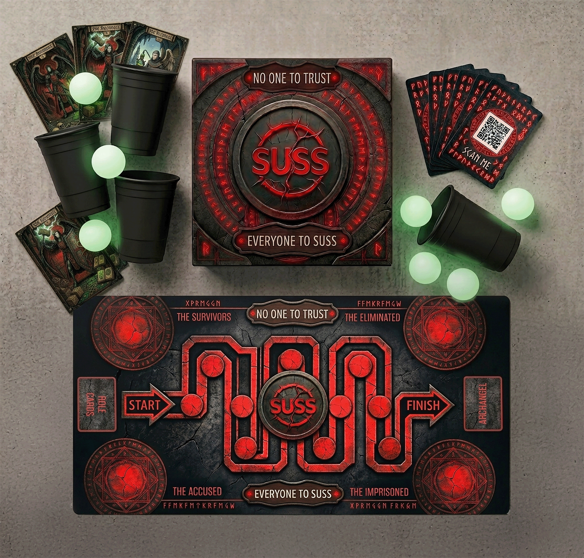 The Suss box, role cards, and party cups laid out.