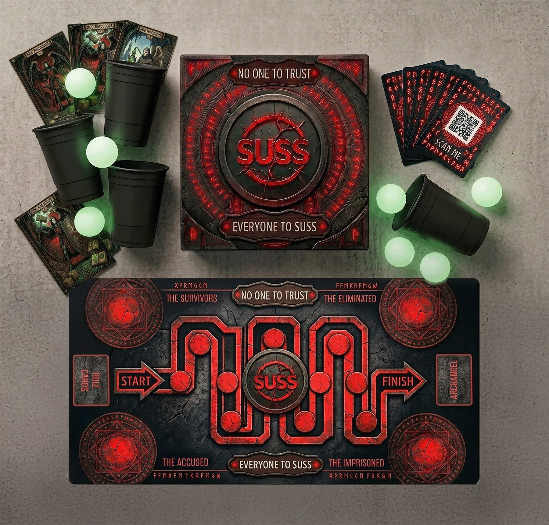 The Suss box, role cards, and party cups laid out.