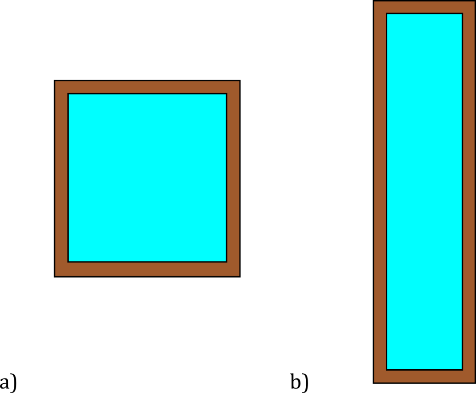 Obr. 7 –  tvar okna a jeho vliv na tepelné ztráty, i když je skelná plocha v obou případech stejná, tak díky různě dlouhému okennímu rámu jsou tepelné ztráty různé  a) čtvercové okno (ideální tvar) b) obdélníkové okno (neideální tvar)