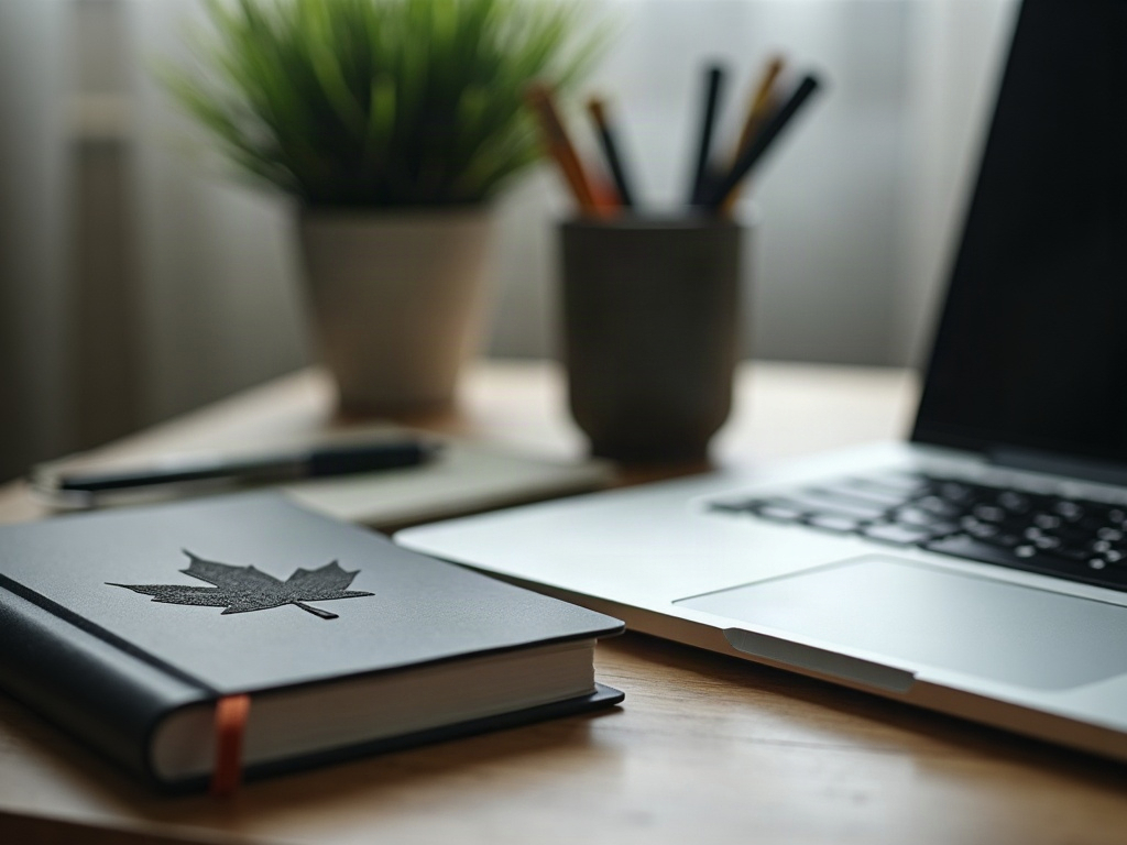 A student's workspace prepared for assembling a Canadian study permit application.