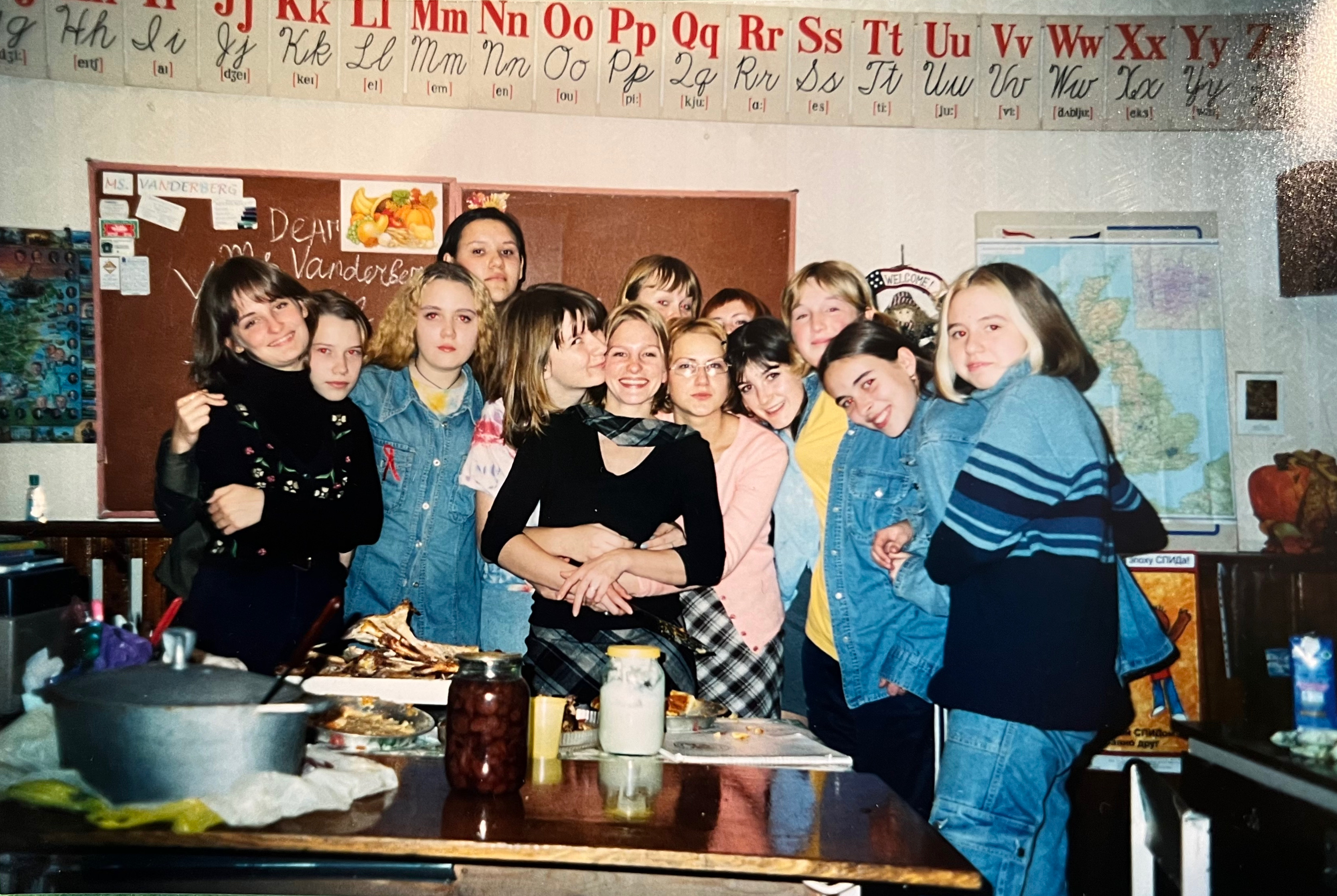 Students in School Number Nine, Oleksandria, Ukraine, celebrate Thanksgiving in 2001 with recipes from Vanderberg’s family. Photo Courtesy: Laura Vanderberg