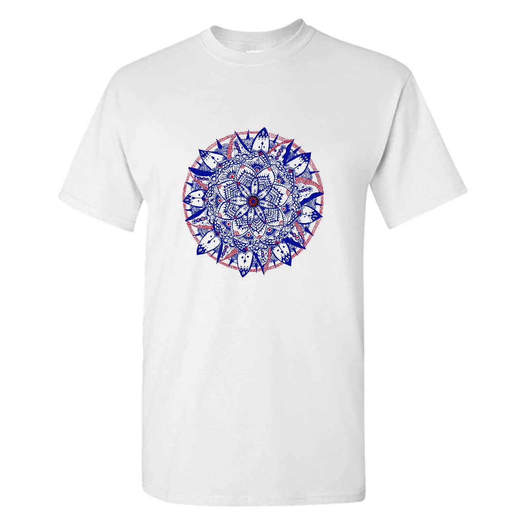 Red Blue Mandala Art Flower T Shirt India Men White