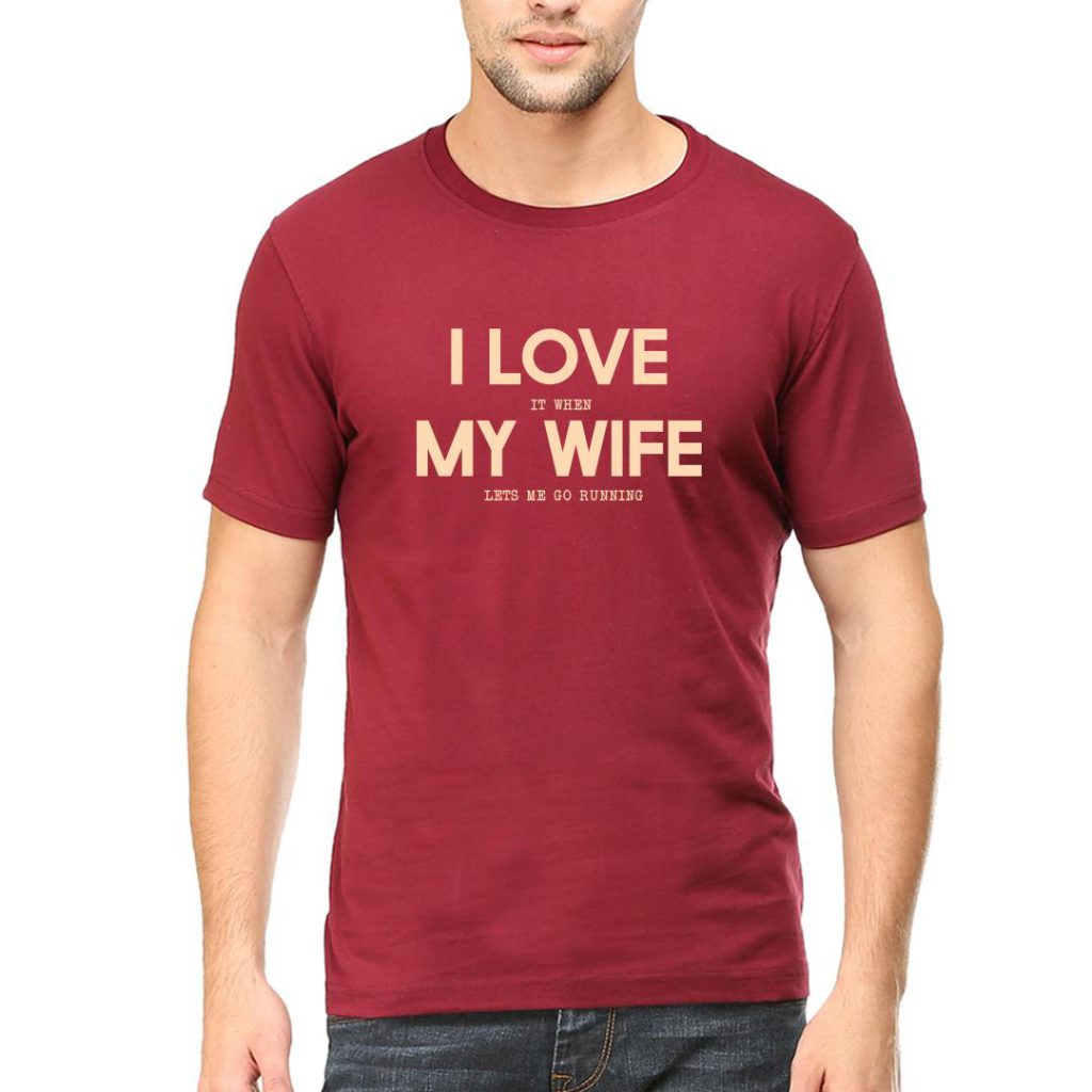 I love wife running men round neck T shirt bordowy front