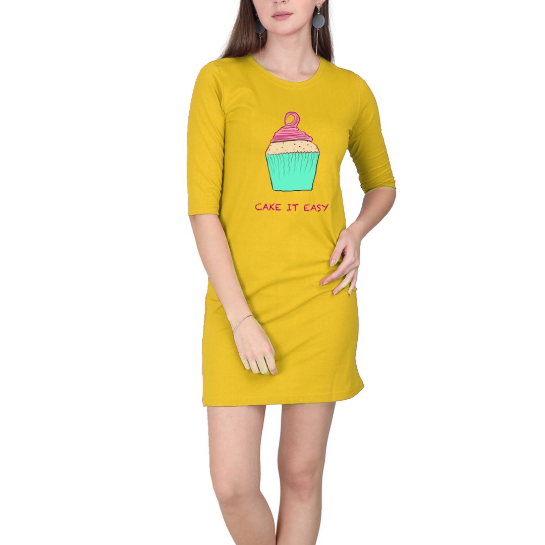 B48fcb01 Cake It Easy For Cake Lovers Women T Shirt Dress Yellow Front.jpg