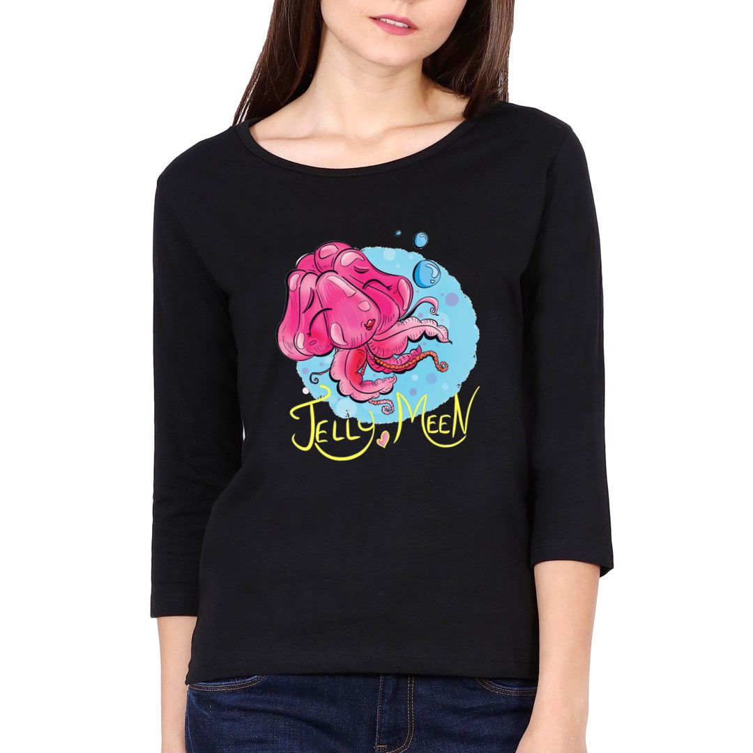 364d5dbb Jelly Under The Sea Elbow Sleeve Women T Shirt Black Front.jpg