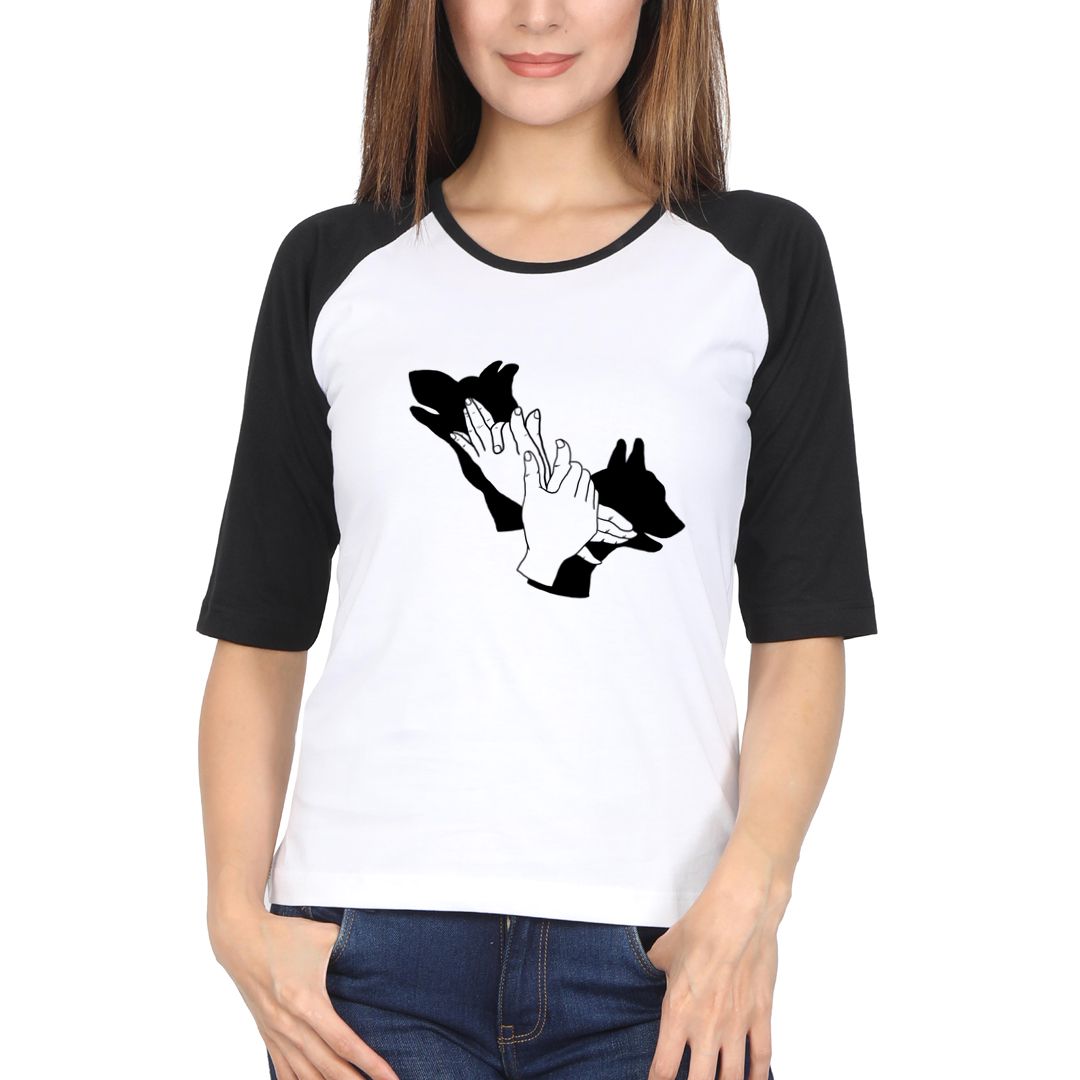 A84e9fb4 Dog Shadows Women Raglan Elbow Sleeve T Shirt Black White Front.jpg