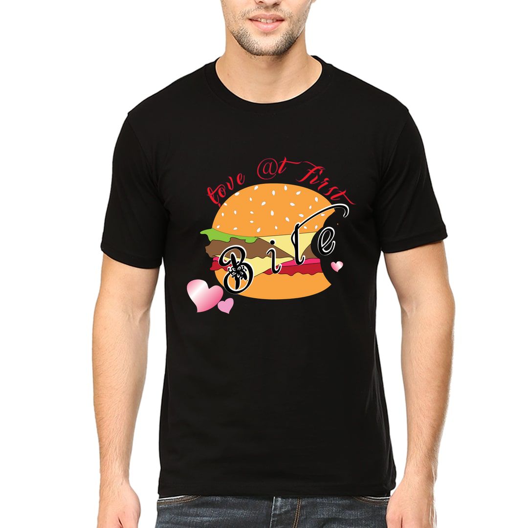 F2f4962b Love At First Bite Slogan For Burger Lovers Men T Shirt Black Front.jpg