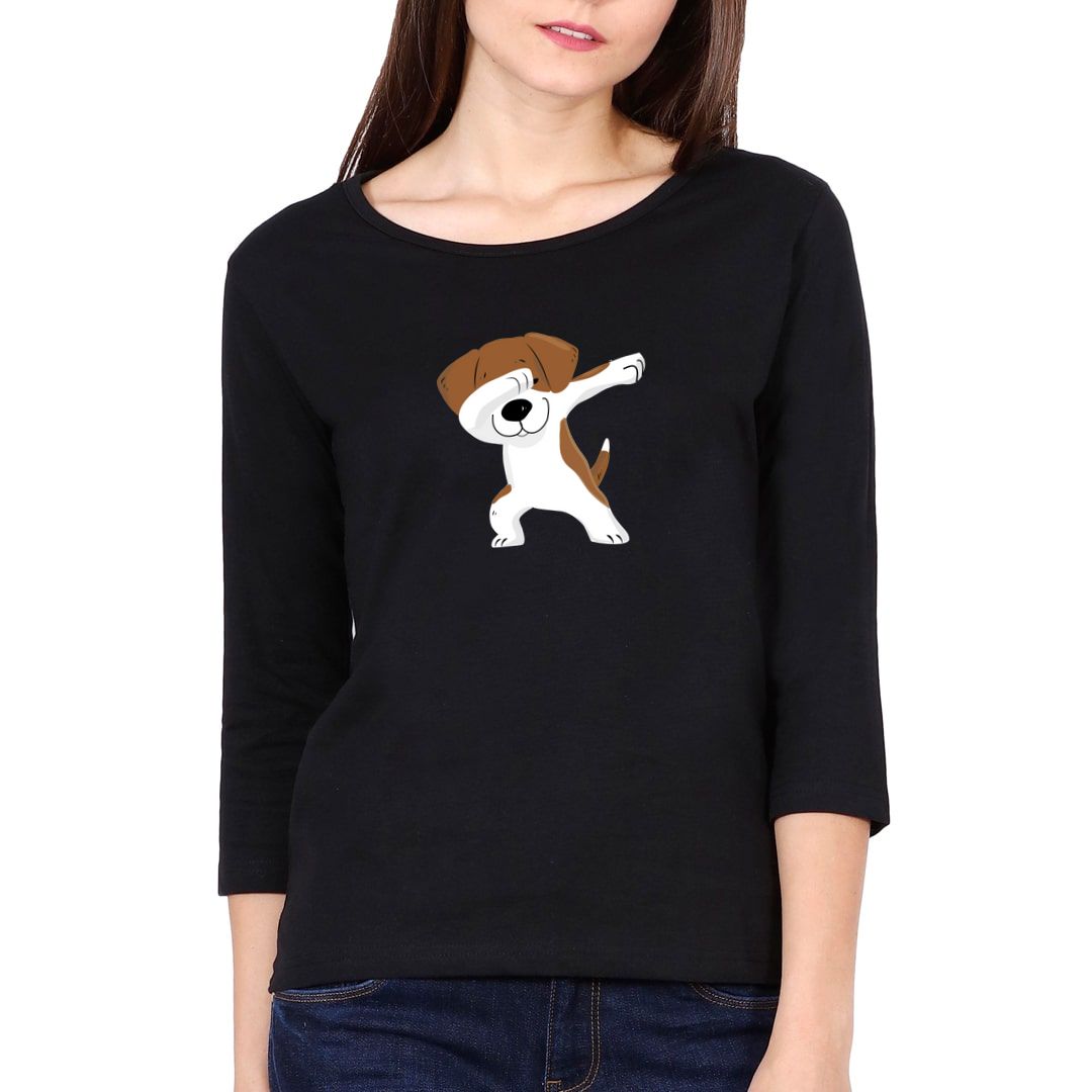 B8503689 Cute Puppy Dab Elbow Sleeve Women T Shirt Black Front.jpg