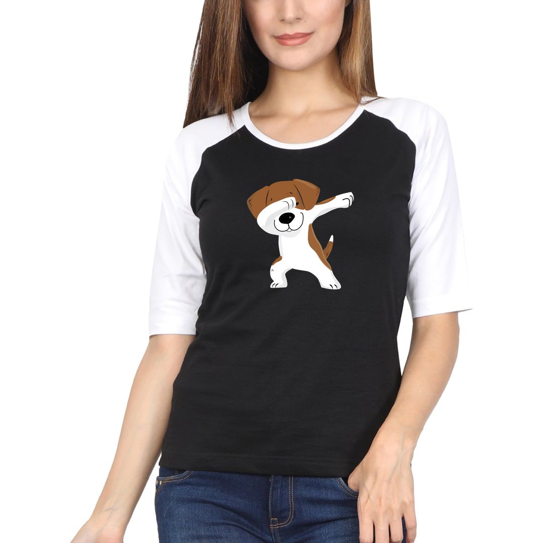 Fbf5846e Cute Puppy Dab Women Raglan Elbow Sleeve T Shirt White Black Front.jpg