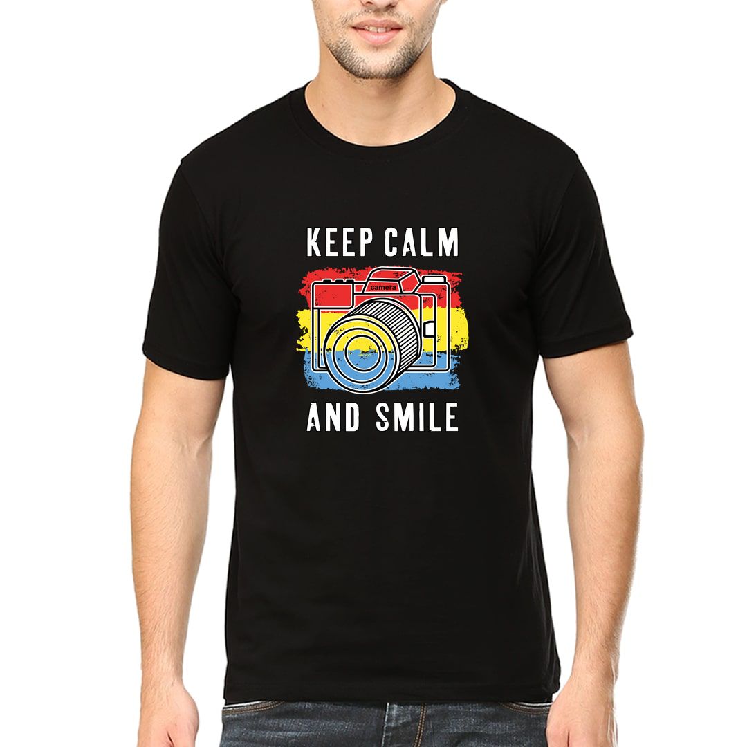 25c86459 Keep Calm And Smile For The Camera Men T Shirt Black Front.jpg