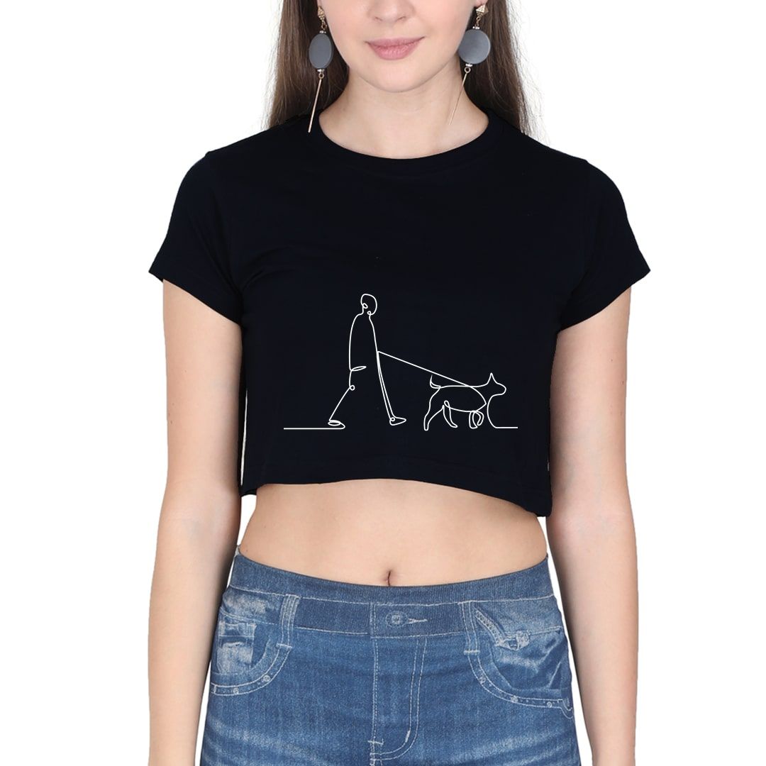 6f4e6955 Human And Dog Line Art For Dog Lovers Women Crop Top Black Front.jpg