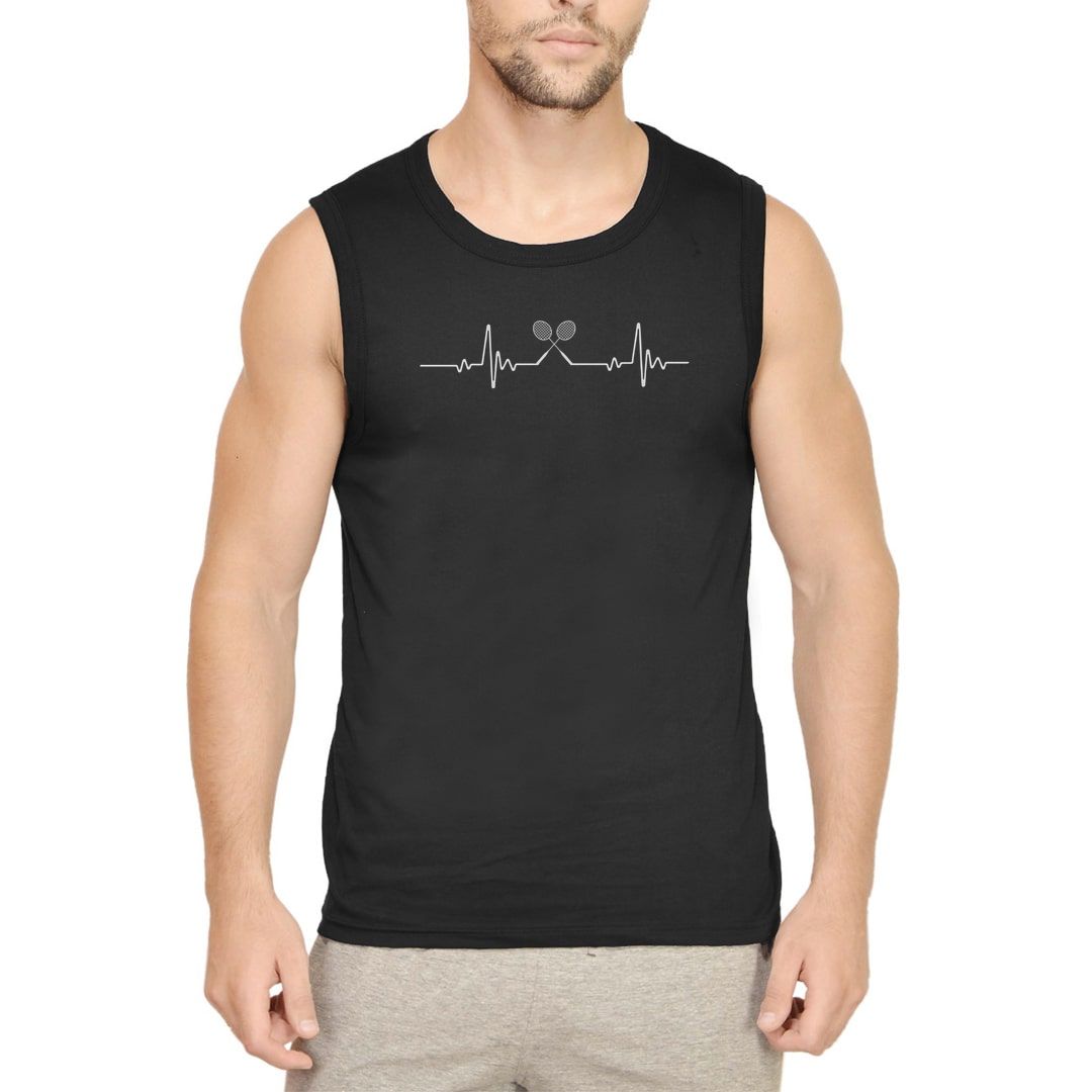 0262af51 Badminton – Its In My Heartbeat Men Sleeveless T Shirt Vest Black Front