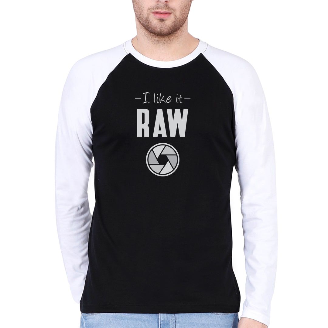 3aaab50d I Like It Raw Funny Photographer Men Raglan Full Sleeve T Shirt White Black Front