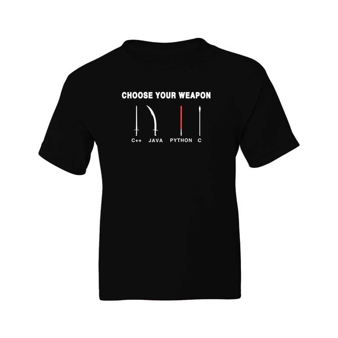 F3555412 Choose Your Weapons Python Java C C Programming Languages Kids T Shirt Black Front