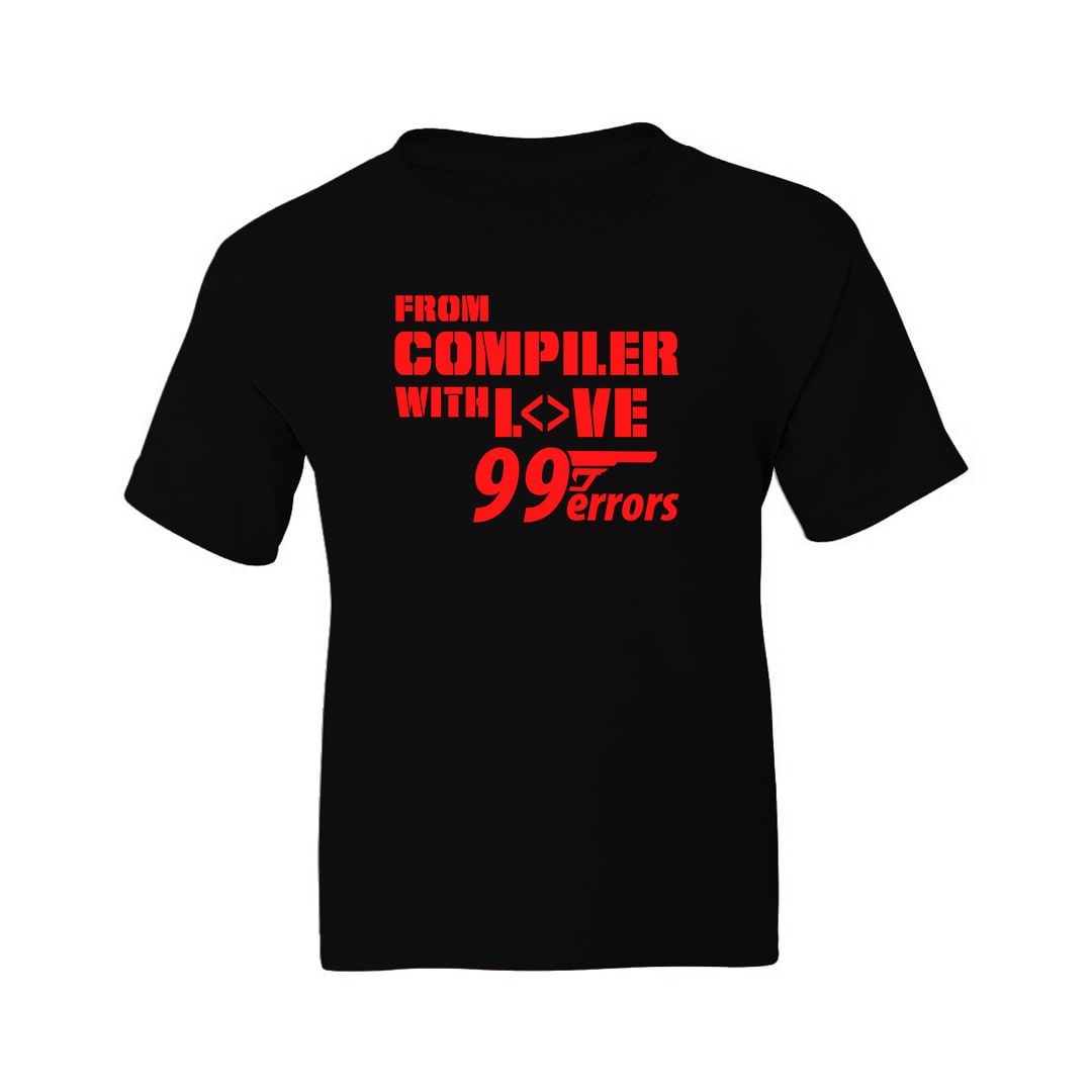 E27fb969 From Compiler With Love 99 Errors Funny Java C Developer Kids T Shirt Black Front