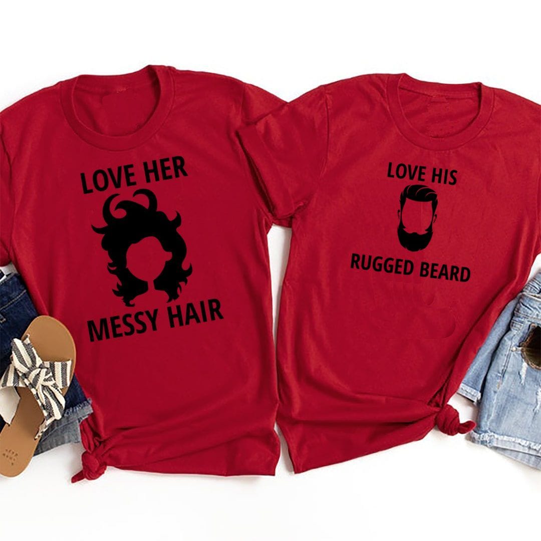I Love Her Messy Hair I Love His Rugged Beard Cute Couple T Shirt (Pack of  2 tees) - Swag Swami
