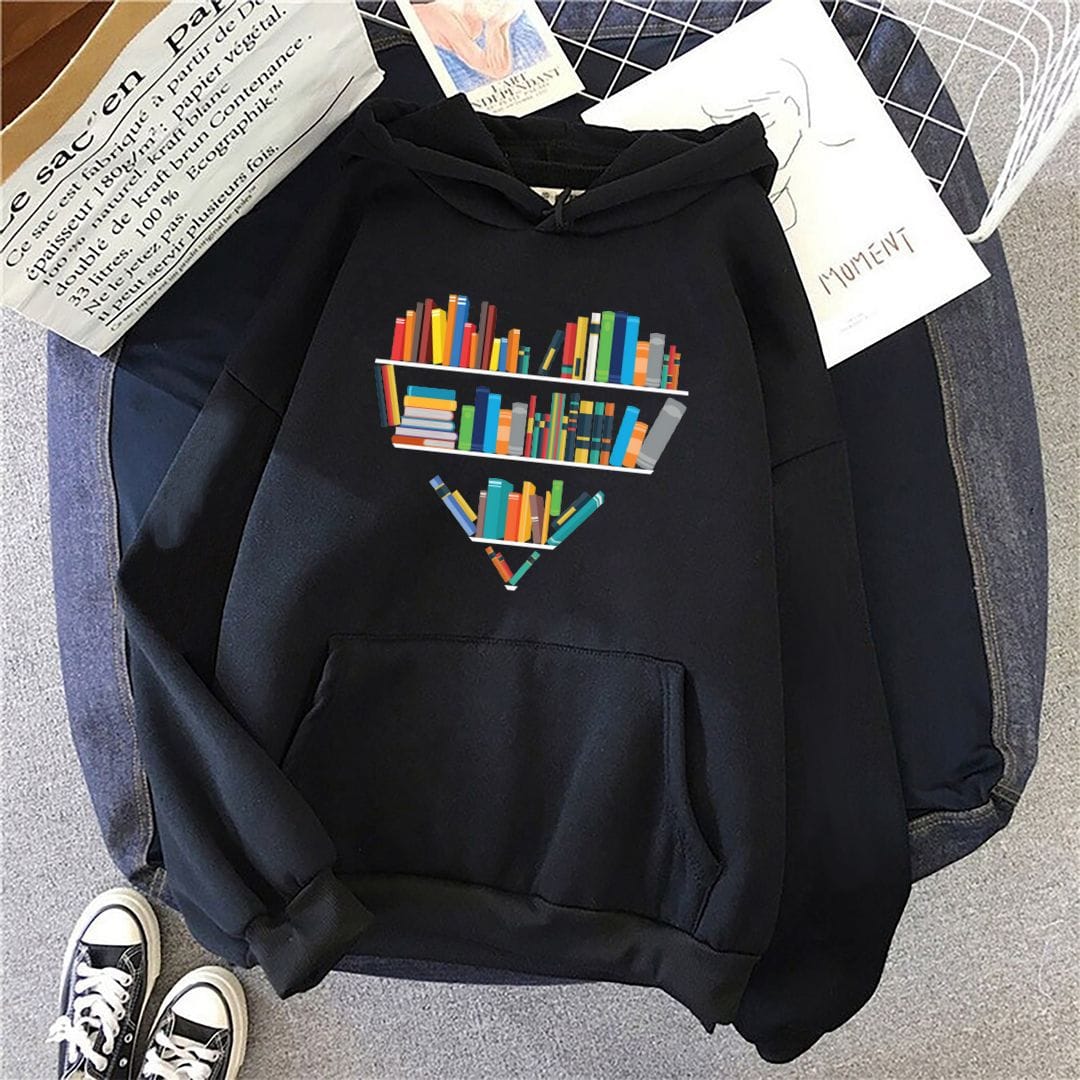 E16bec1e Books Heart Bookshelf Book Love Unisex Hoodie Black