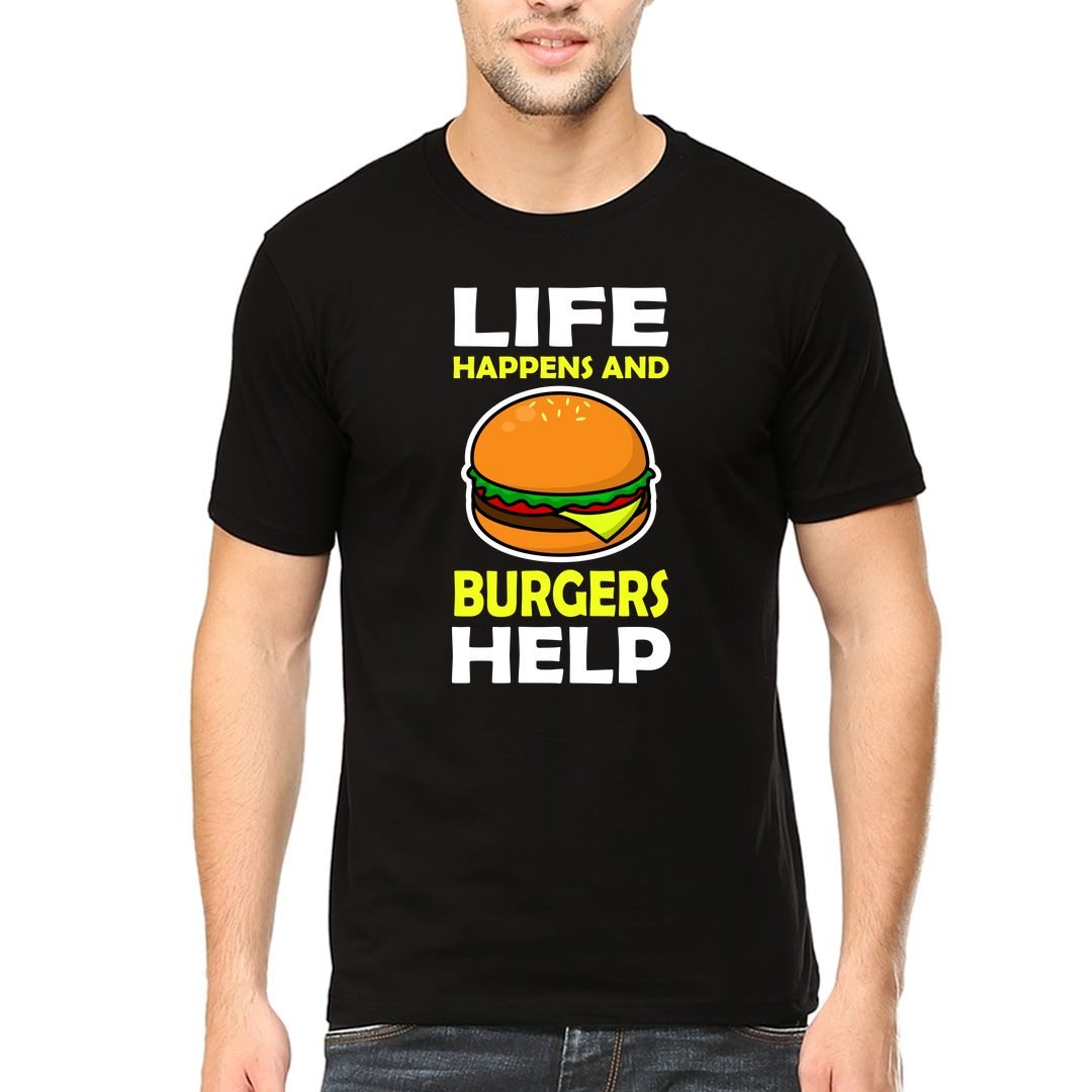 E9f7c37c Life Happens And Burgers Help Men T Shirt Black Front