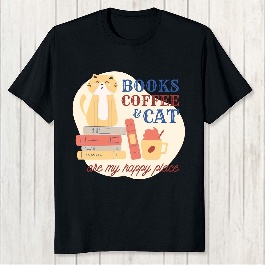 1a5b8562 Books Coffee And Cat Are My Happy Places Men T Shirt Black