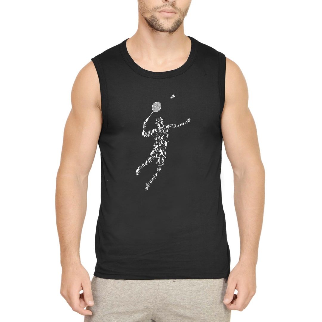 69a90a27 Badminton Silhouette Men Sleeveless T Shirt Vest Black Front