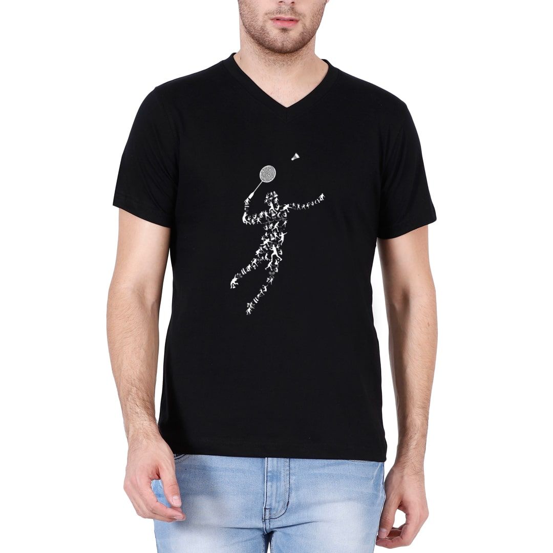 F97d5b5b Badminton Silhouette Men V Neck T Shirt Black Front