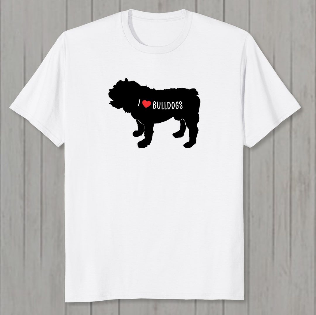 7b2b34b5 I Love Bulldogs Men T Shirt White Front New