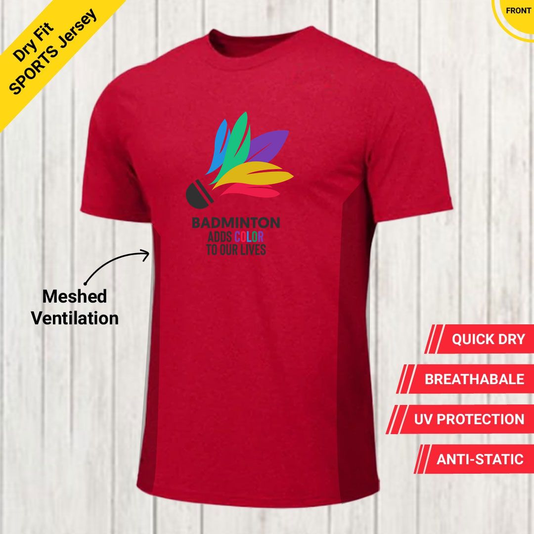 D5981416 Badminton Adds Color To Our Lives Dry Fit T Shirt Red Front New