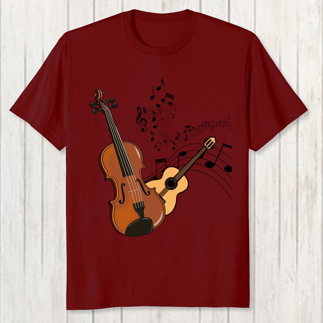 5ea789e5 Musical Strings Music Played With Violin And Guitar Men T Shirt Maroon Front New