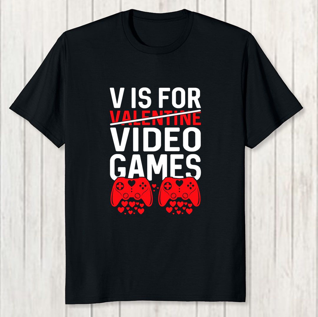 7dfb2366 Valentines Day V Is For Video Games Men T Shirt Black Front New