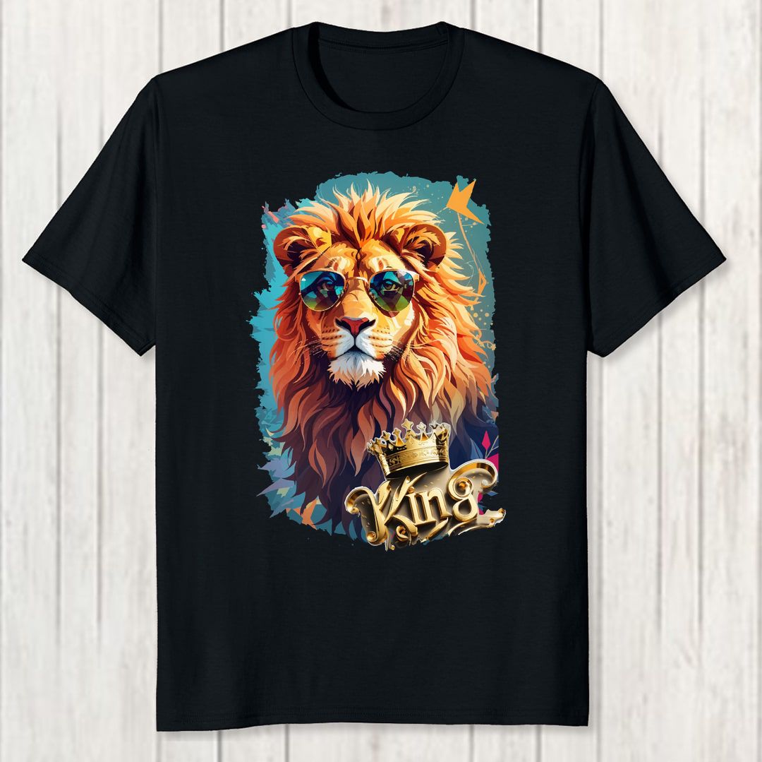 53fbe282 King Lion Face Ai Design With Glasses Men T Shirt Black Front New