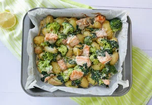 Creamy salmon oven dish with broccoli