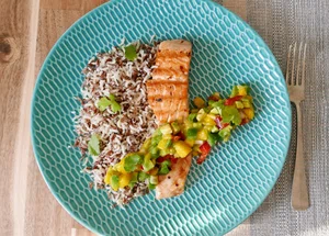 Grilled salmon with coconut rice and mango salsa