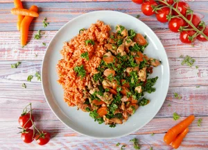 Chicken and kale stir-fry with tomato rice