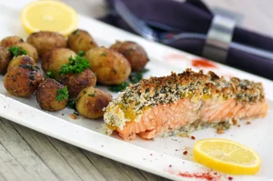 Crumbed Salmon with potatoes