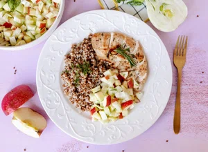 Fried turkey fillet with apple and fennel salad and buckwheat