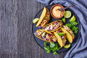 Grilled salmon tacos with chilli lime yoghurt