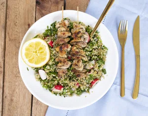 Tabbouleh with lemon chicken skewers