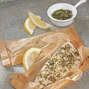 Baked trout-in-foil with roast vegetables