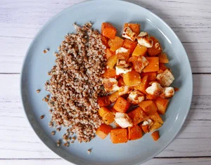 Roasted pumpkin and goat cheese with buckwheat