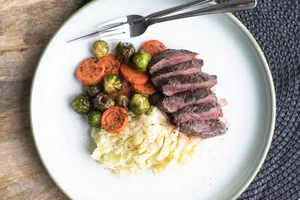 Beef steak with mashed celeriac