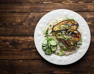 Miso grilled eggplant with cucumber pickle