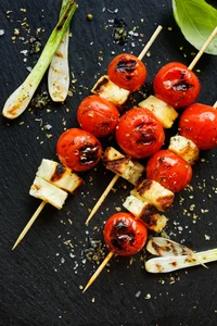 BBQ cherry tomatoes and halloumi skewers