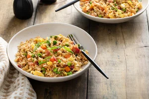 Breakfast fried rice with eggs and bacon