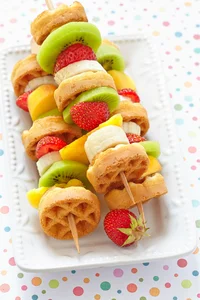 Waffle and fruit skewers with dipping sauce