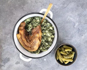 Kale mash with pork belly slices