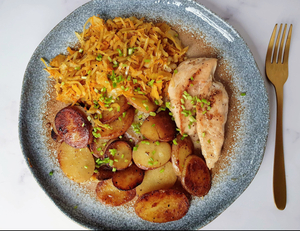 Turkey fillet with potatoes and cabbage stir-fry