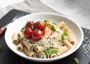 Penne with broccoli pesto and salmon