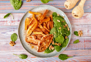 Fried chicken with swede and parsnip fries